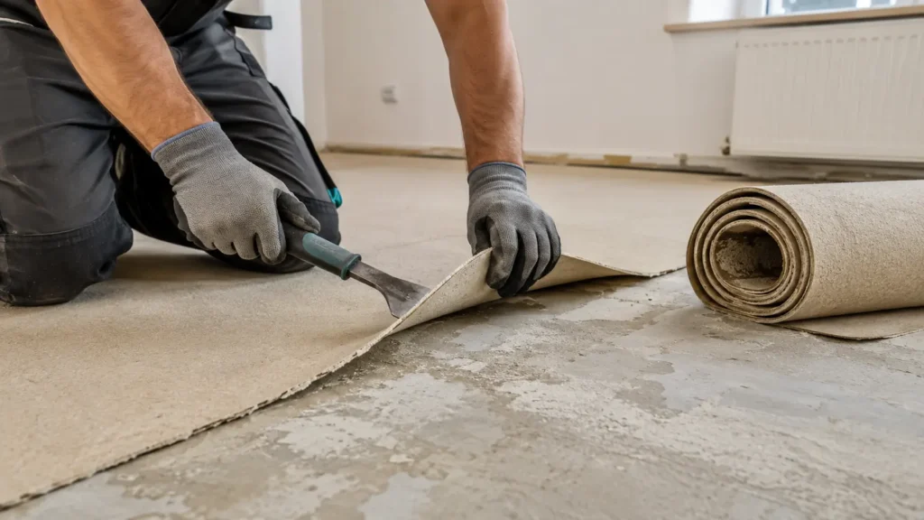 Alter Bodenbelag wird vor der Neuverlegung entfernt