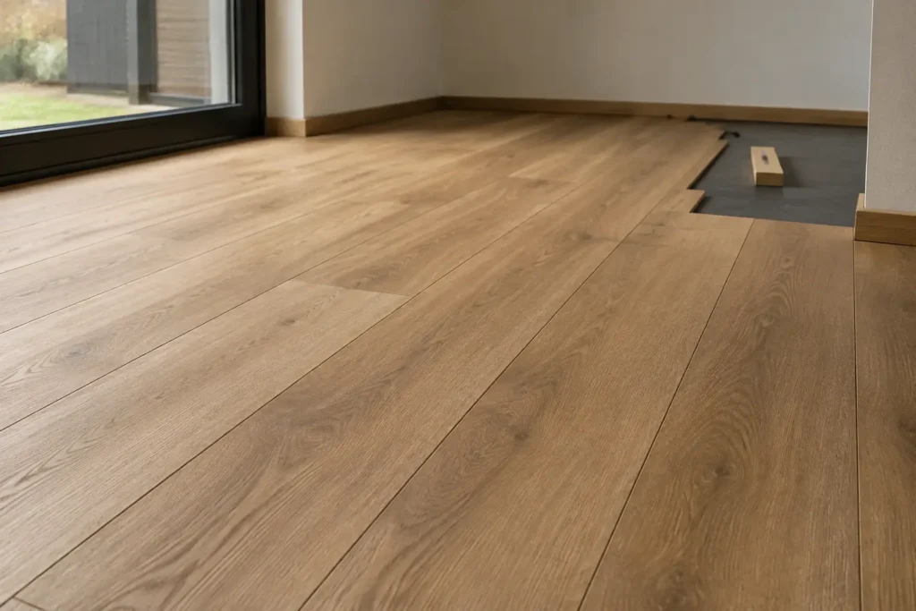 Fachgerecht verlegter Bodenbelag in einem modernisierten Wohnraum