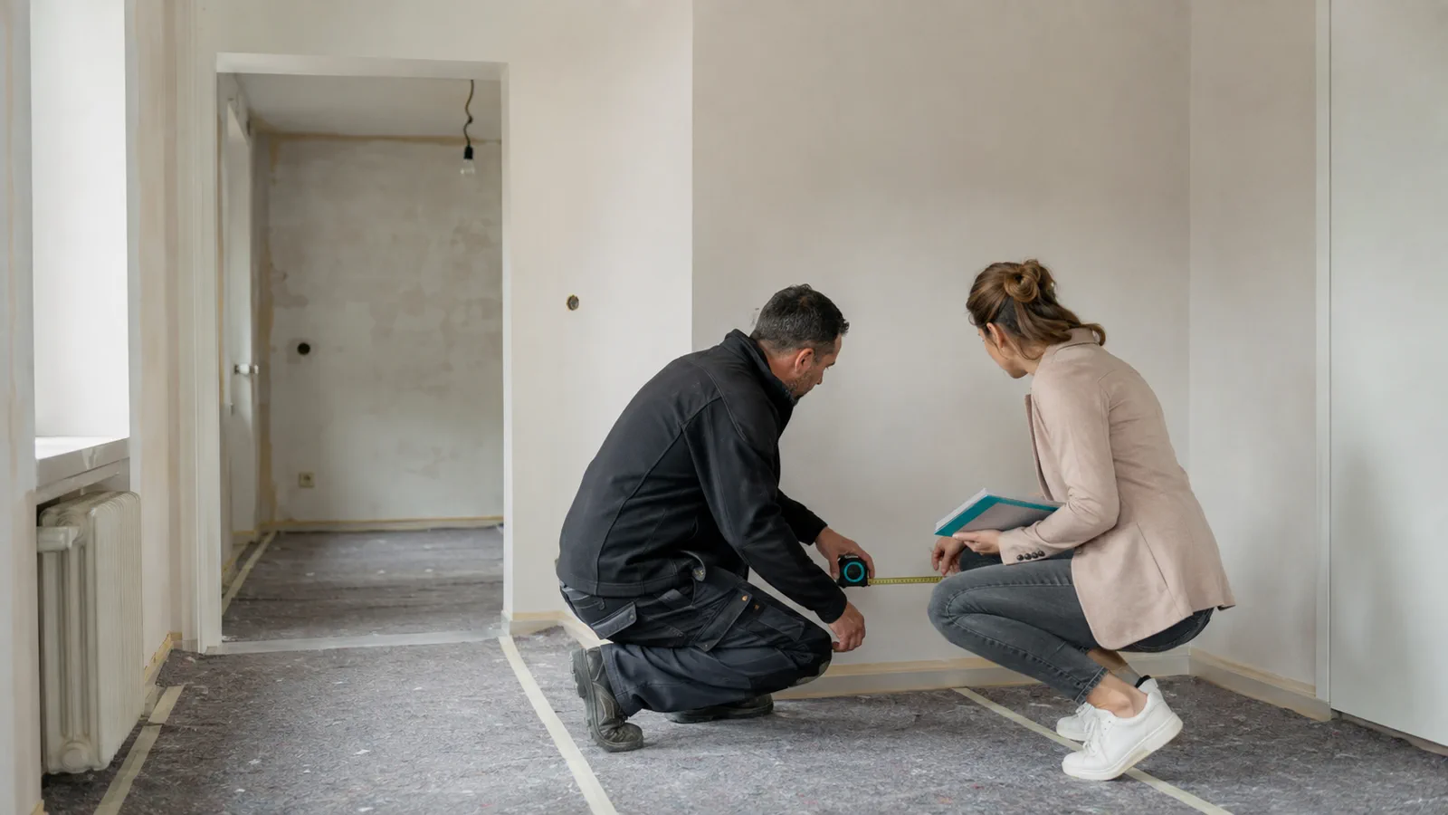 Besprechung von Renovierungsarbeiten in einer leer stehenden Wohnung