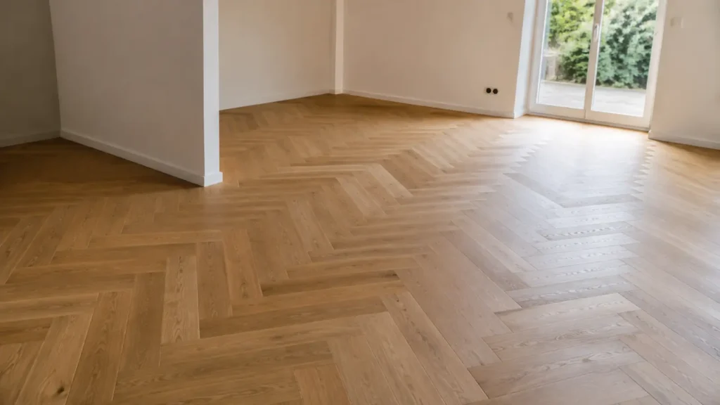 Fertig verlegter Parkettboden in einem hellen Wohnraum
