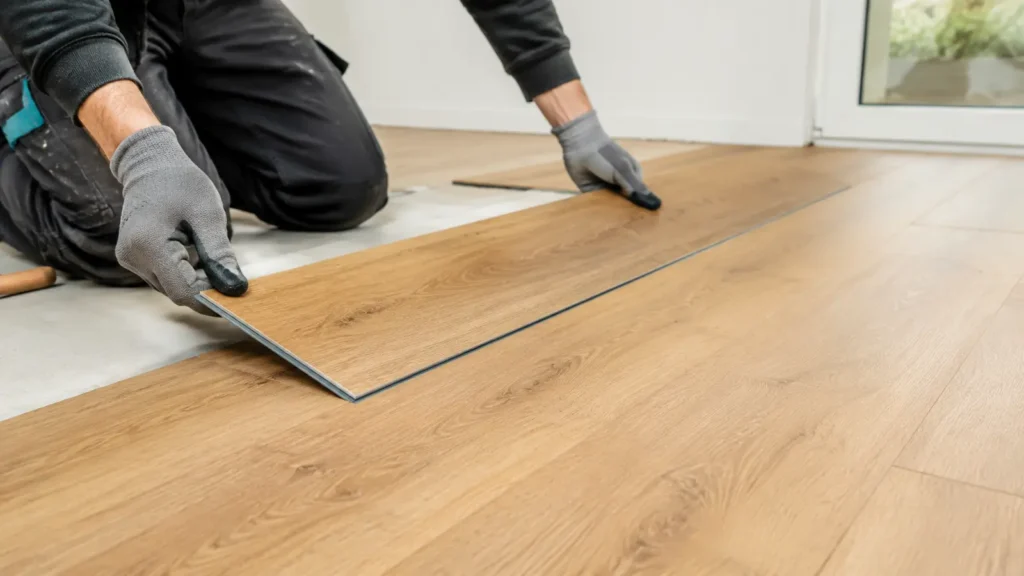 Vinylboden wird fachgerecht in einem Wohnraum verlegt